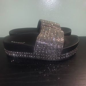 Black glitter platform slides